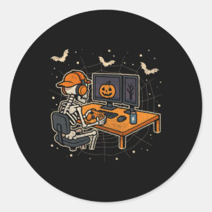 Halloween Skelet Gamer Video Games Grappig Skelet Ronde Sticker