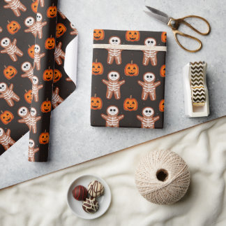 Halloween Skelet Gemberkoek & Jack-o-Lantern Cadeaupapier