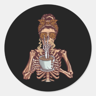 Halloween Skelet Genieten Koffie Messy Bun Horro Ronde Sticker