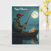 Halloween skelet Gevist in een houten roeiboot Kaart (Gele Bloem)