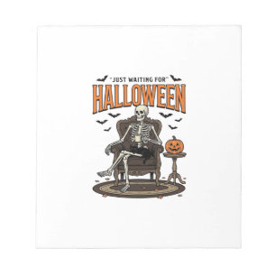 Halloween skelet gewoon wachtend grappige vintage_ notitieblok