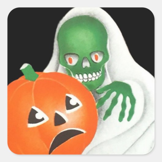 Halloween Skelet Ghoul en Pompoen Vierkante Sticker (Voorkant)