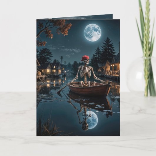 Halloween skelet in een roeiboot kaart (Voorkant)