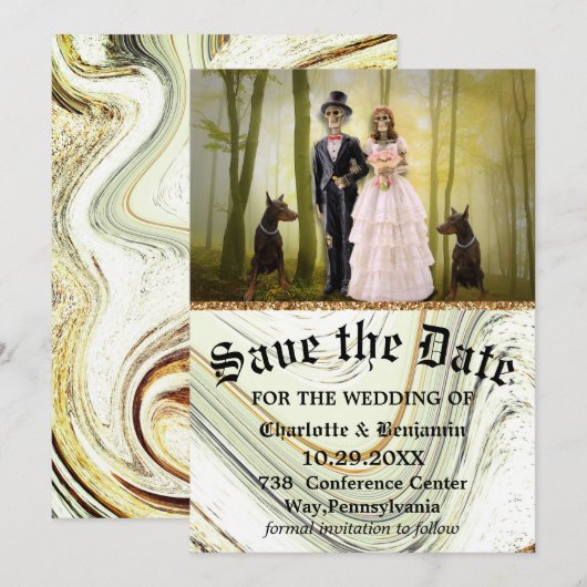 Halloween Skelet Koppel Gotische Sla de Datum Op Save The Date (Voorkant / Achterkant)
