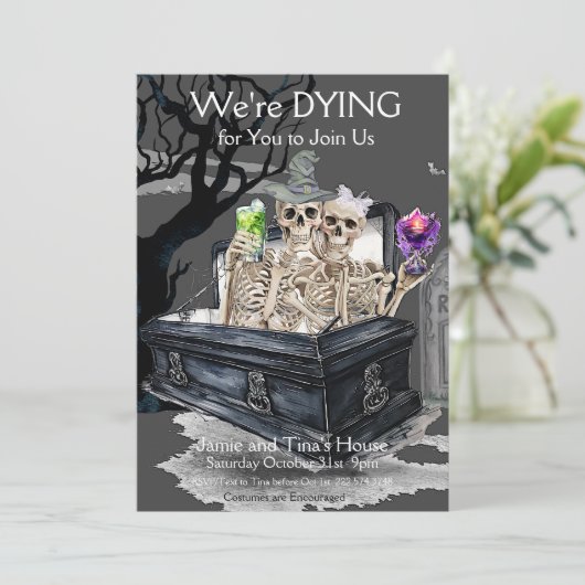 Halloween skelet koppel kostuum partij kaart (Staand voorkant)