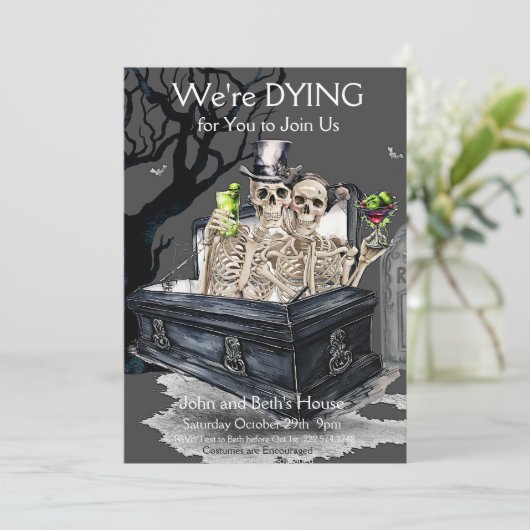 Halloween skelet koppel kostuum partij kaart (Staand voorkant)