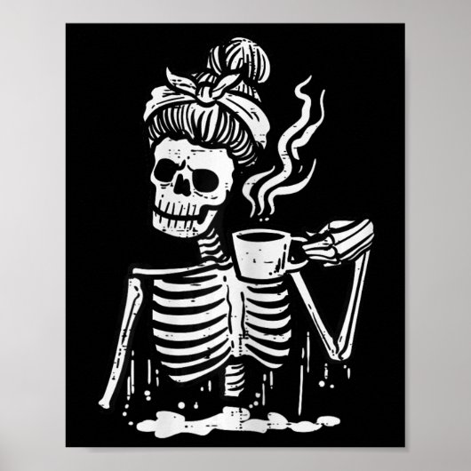 Halloween Skelet Messy Bun Koffie Grappig Kostuum Poster (Voorkant)