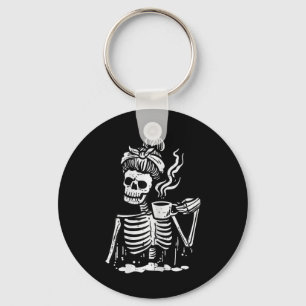 Halloween Skelet Messy Bun Koffie Grappig Kostuum Sleutelhanger