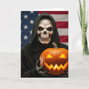 Halloween skelet met gesneden pompoen kaart