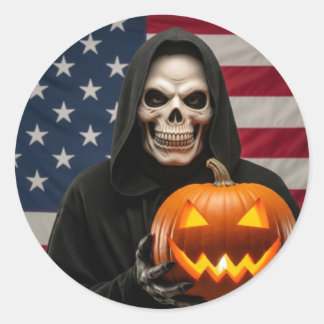 Halloween skelet met gesneden pompoen ronde sticker