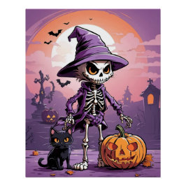 Halloween skelet met zwarte kat en pompoen perfect poster