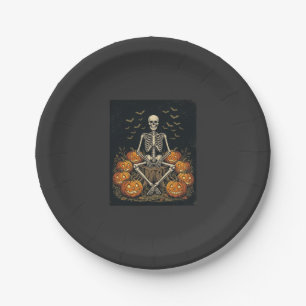 Halloween Skelet Pompoen Vintage Retro Design_1 Papieren Bordje
