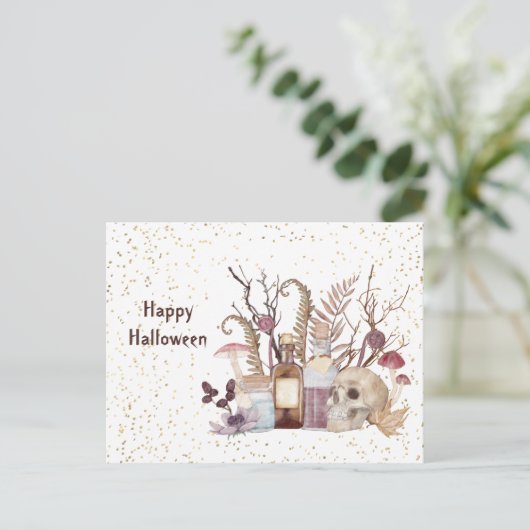Halloween Skelet Potions Paddenstoelen Floral Feestdagenkaart (Staand voorkant)