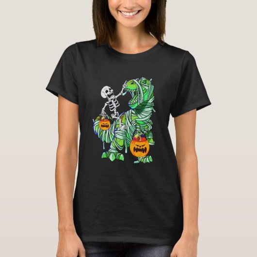 Halloween Skelet Rijden Mummy Rex Dinosaurus Kinde T-shirt (Voorkant)