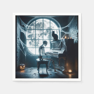 Halloween-skelet speelt piano servet