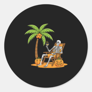 Halloween Skelet Strandvakantie Palmboom Pompoen Ronde Sticker