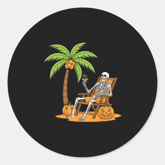 Halloween Skelet Strandvakantie Palmboom Pompoen Ronde Sticker (Voorkant)
