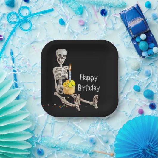 Halloween Skelet Verjaardag op Zwart Papieren Bordje (Feest)