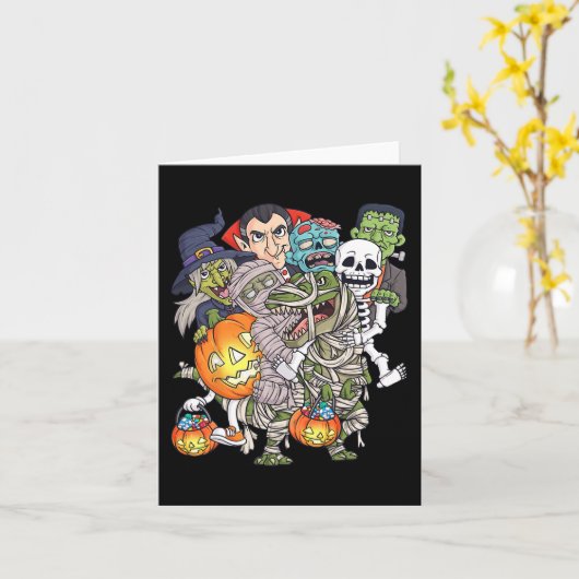 Halloween Skelet Zombie Rijden Mummy T Rex Grappig Kaart (Gele Bloem)