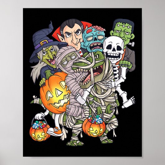 Halloween Skelet Zombie Rijden Mummy T Rex Grappig Poster (Voorkant)