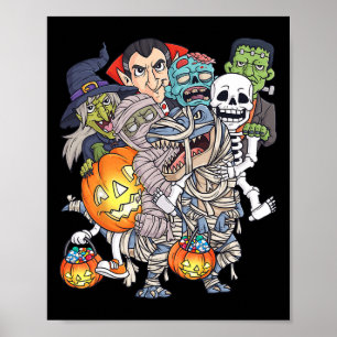 Halloween Skelet Zombie Rijden Mummy T Rex Grappig Poster