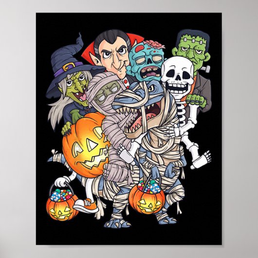 Halloween Skelet Zombie Rijden Mummy T Rex Grappig Poster (Voorkant)