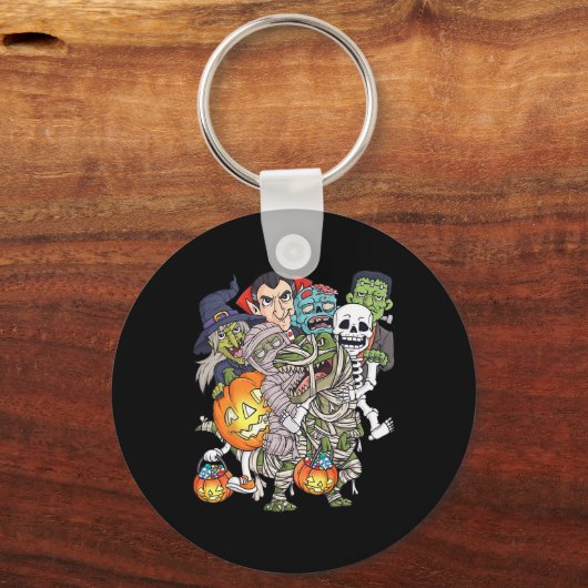 Halloween Skelet Zombie Rijden Mummy T Rex Grappig Sleutelhanger (Voorkant)