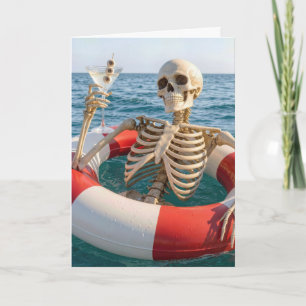 Halloween-skelet zwevend in een reddingsboei  kaart