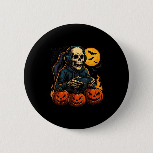 Halloween skeletgamer met pompoencontroller ronde button 5,7 cm (Voorkant)