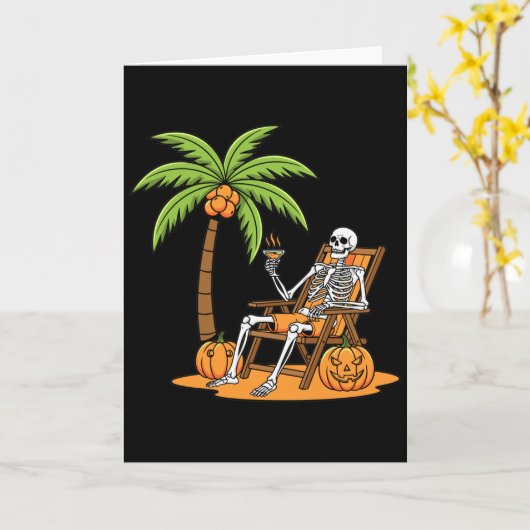 Halloween Skeleton Beach Vacation Palm Tree Pumpki Kaart (Gele Bloem)