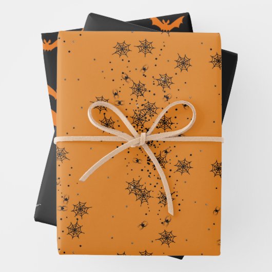 Halloween Skeleton Botten Bats & Spider Webs Oranj Inpakpapier Vel (In situ)