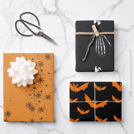 Halloween Skeleton Botten Bats & Spider Webs Oranj Inpakpapier Vel (Voorkant)