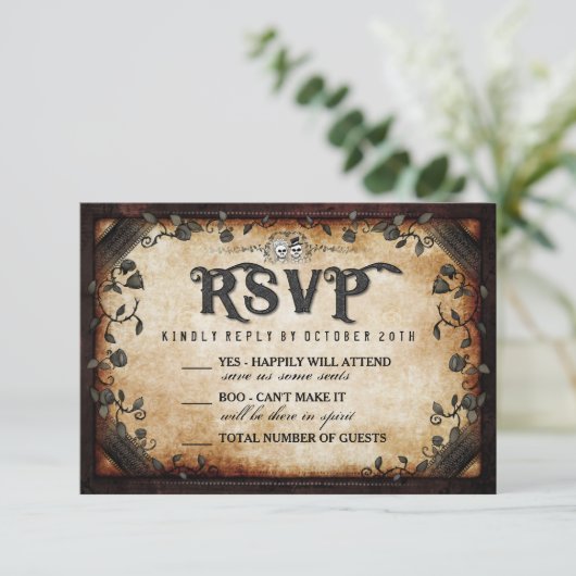 Halloween Skeleton Bruin Gothic Wedding RSVP (Staand voorkant)