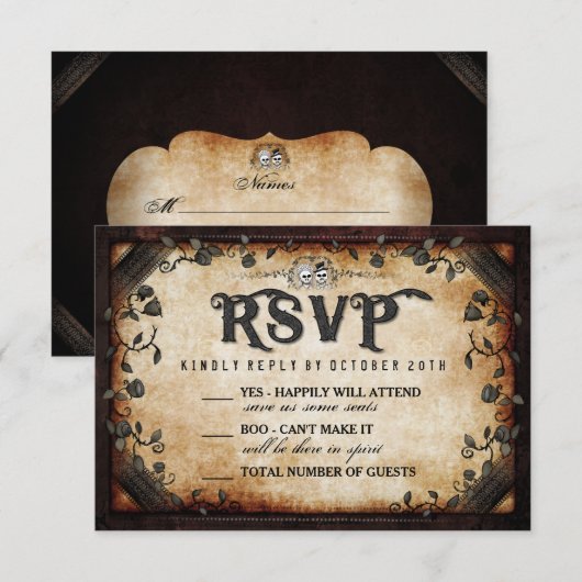 Halloween Skeleton Bruin Gothic Wedding RSVP (Voorkant / Achterkant)