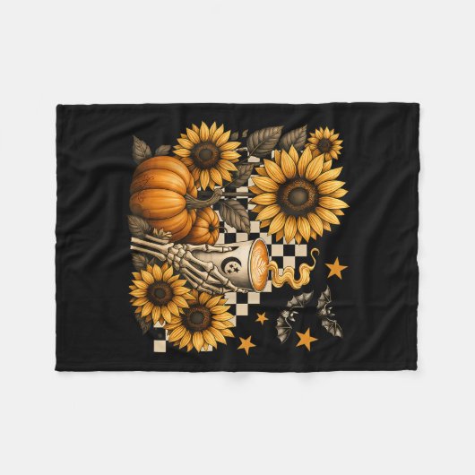 Halloween Skeleton Coffee, Soky Sunflowers Pumpkin Fleece Deken (Voorkant (Horizontaal))