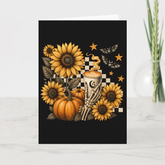 Halloween Skeleton Coffee, Soky Sunflowers Pumpkin Kaart (Voorkant)