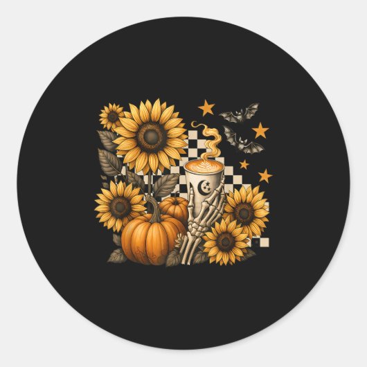Halloween Skeleton Coffee, Soky Sunflowers Pumpkin Ronde Sticker (Voorkant)