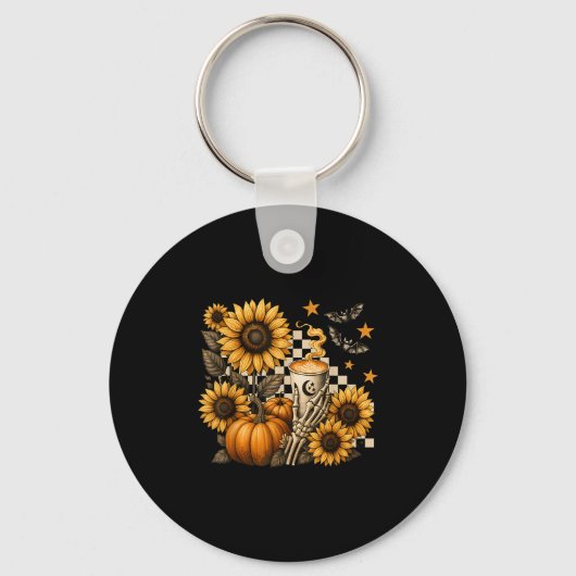 Halloween Skeleton Coffee, Soky Sunflowers Pumpkin Sleutelhanger (Voorkant)