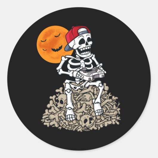 Halloween Skeleton Gamer Boys Kinder Tiener games  Ronde Sticker (Voorkant)