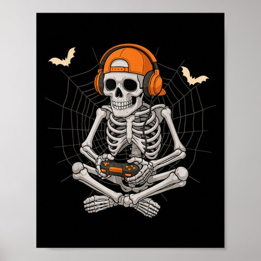 Halloween Skeleton Gamer Video Gaming Funny Skelet Poster (Voorkant)