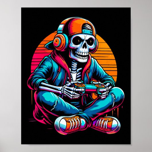 Halloween Skeleton Gamer Video Gaming  Poster (Voorkant)