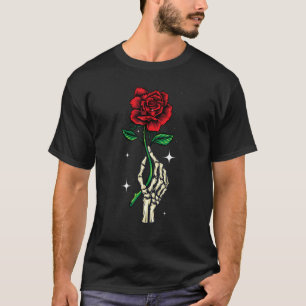 Halloween Skeleton Hand Holding Red Rose T-shirt