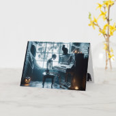 Halloween Skeleton Het spelen van een piano Kaart (Gele Bloem)