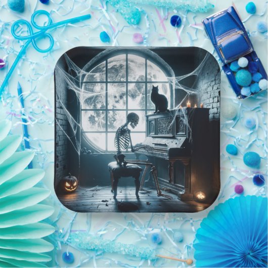 Halloween Skeleton Het spelen van een piano Papieren Bordje (Feest)