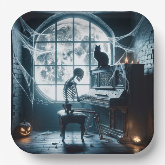 Halloween Skeleton Het spelen van een piano Papieren Bordje (Voorkant)