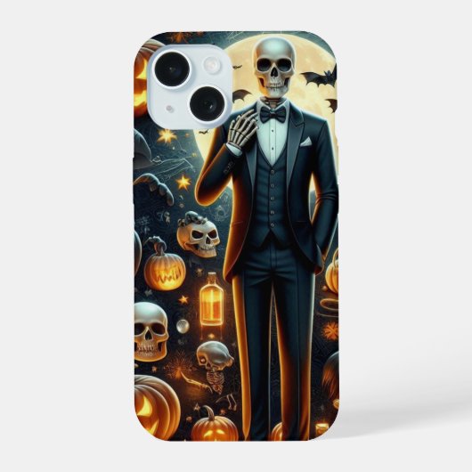 Halloween Skeleton in een Tux met Pumpkin & Ghosts iPhone 15 Case (Achterkant)
