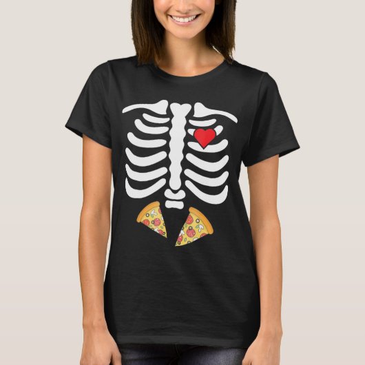 Halloween Skeleton Junk Food Belly Pizza T Shirt (Voorkant)