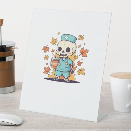 Halloween Skeleton Nurse met Koffie Classic T-Shi Reclamebord Met Voetstuk (Insitu)