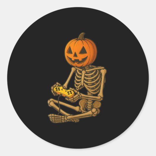 Halloween Skeleton Pumpkin Gamer Video Gaming Men Ronde Sticker (Voorkant)