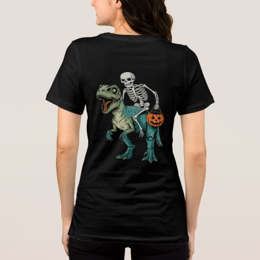 Halloween Skeleton Riding Dinosaur met pompoen Tri-Blend Shirt (Achterkant)
